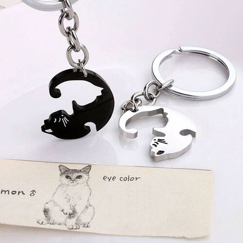 Cat Keychain Patchwork Heart Round Couple Lovers Keyring Sta
