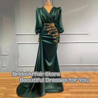 BridalAffair Green Satin Evening Dresses Dubai Arabic Formal