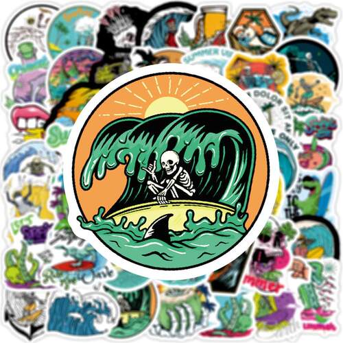 10/50PCS Cool Summer Skull Surfing Stickers Beach Surf Decal