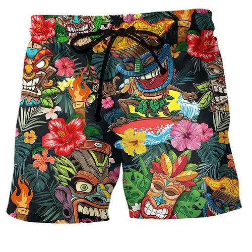 Retro Tiki Pattern 3D Printed Surfing Board Shorts For Men K