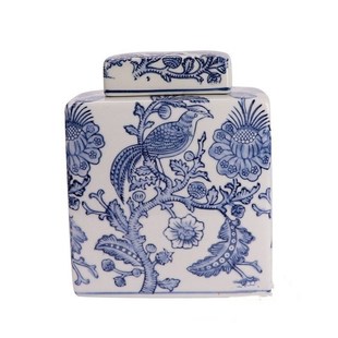 仿古青花花鸟陶瓷花瓶方形罐釉里红花叶纹花器家居民宿装饰摆件