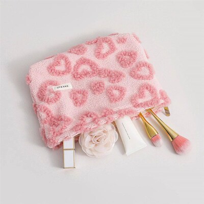 Plush Cute Pink Love Makeup Bag Portable Skincare Product Li