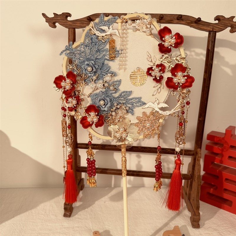 中式婚礼团扇喜扇新娘结秀禾出嫁婚扇高级diy材料包成品扇子蓝色,家居饰品,工艺扇/团扇/喜扇/折扇,淘宝优惠券,粉丝福利购,淘宝优惠卷