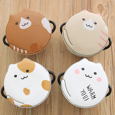 可爱陶瓷泡方便面碗大号学生宿舍用吃饭碗创意家用带盖子耳汤碗