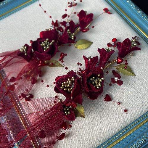 Bridal New Burgundy Velvet Red Flower Hairpin Headgear Weddi