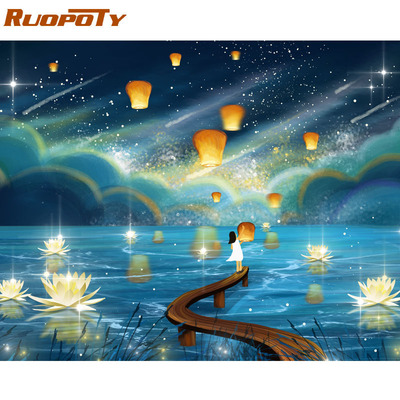 RUOPOTY Frame River Light DIY Painting By Numbers Kit Landsc