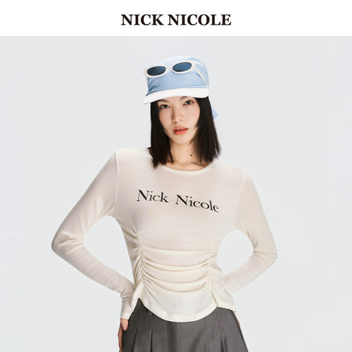 女T恤两边褶皱长袖打底衫