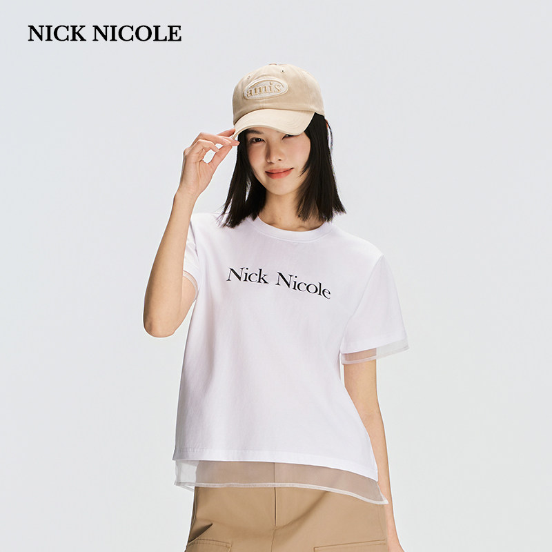 NICK&NICOLE2026新款韩版时尚女士短袖T恤字母领口袖口纱修身潮流