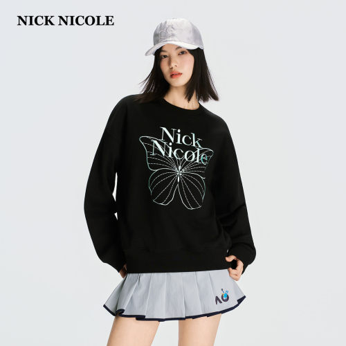NICK&NICOLE小蝴蝶2026秋新款时尚宽松休闲字母圆领卫衣松弛韩风