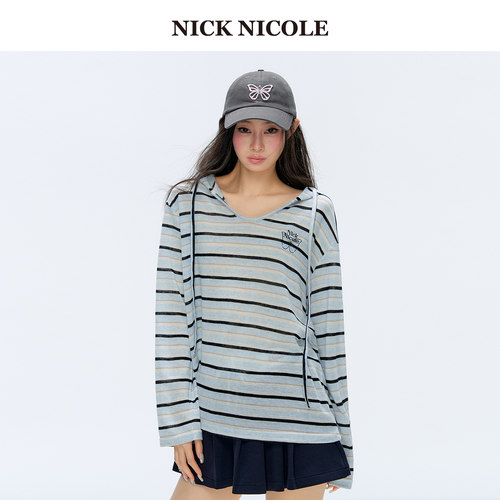 NICK&NICOLE小蝴蝶26秋季条纹连帽长袖T恤女宽松休闲上衣松弛韩风