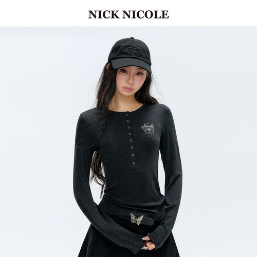 NICK&NICOLE小蝴蝶长袖T恤女秋季基础款上衣休闲圆领时尚松弛韩风