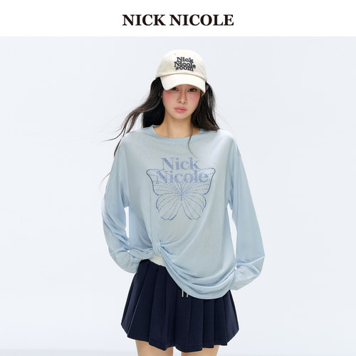 NICK&NICOLE小蝴蝶秋季新款百搭休闲风字母长袖T恤女上衣松弛韩风
