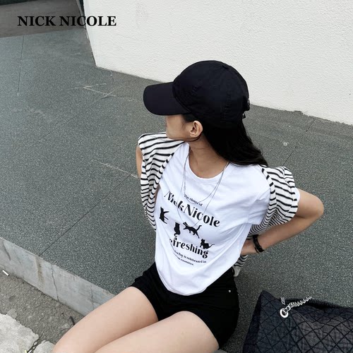 NICK&NICOLE小蝴蝶2026夏新款时尚短袖小猫印花百搭修身松弛韩风