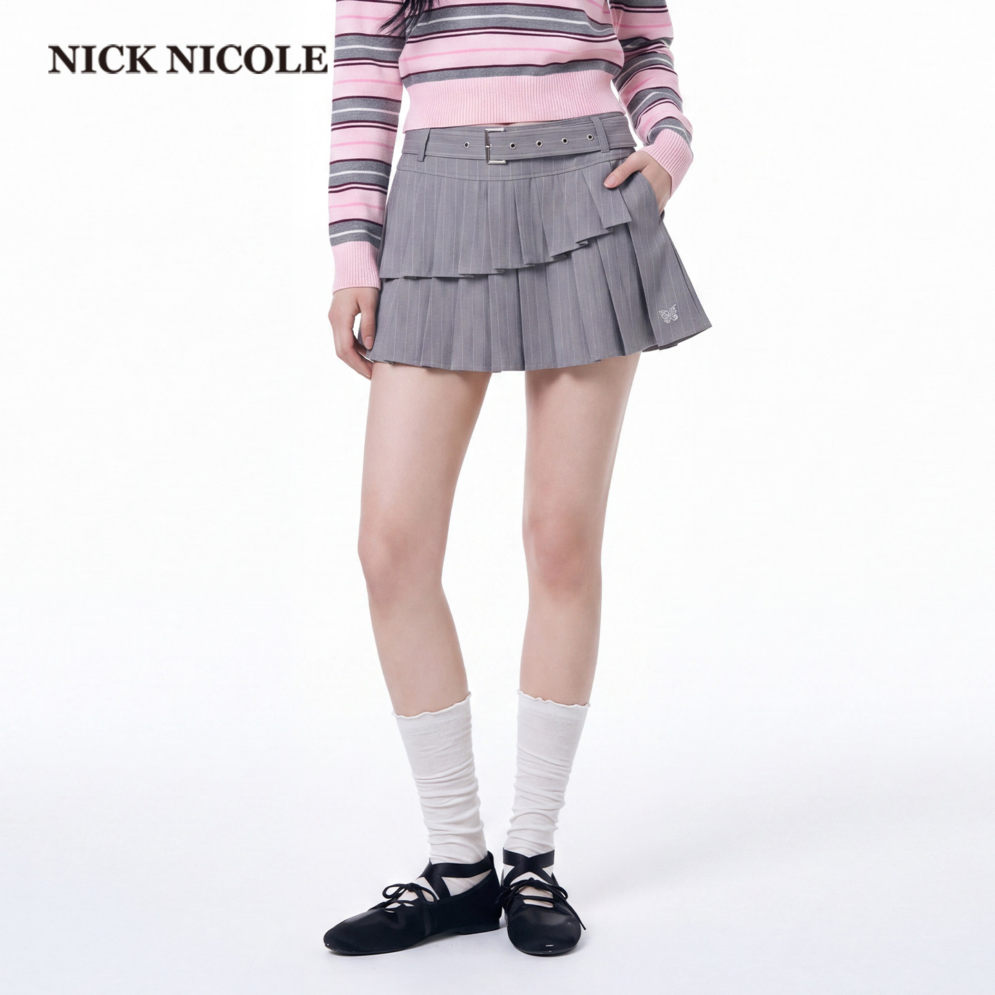 NICK&NICOLE小蝴蝶2026年秋季复古百褶半身裙女腰带短裙百搭条纹