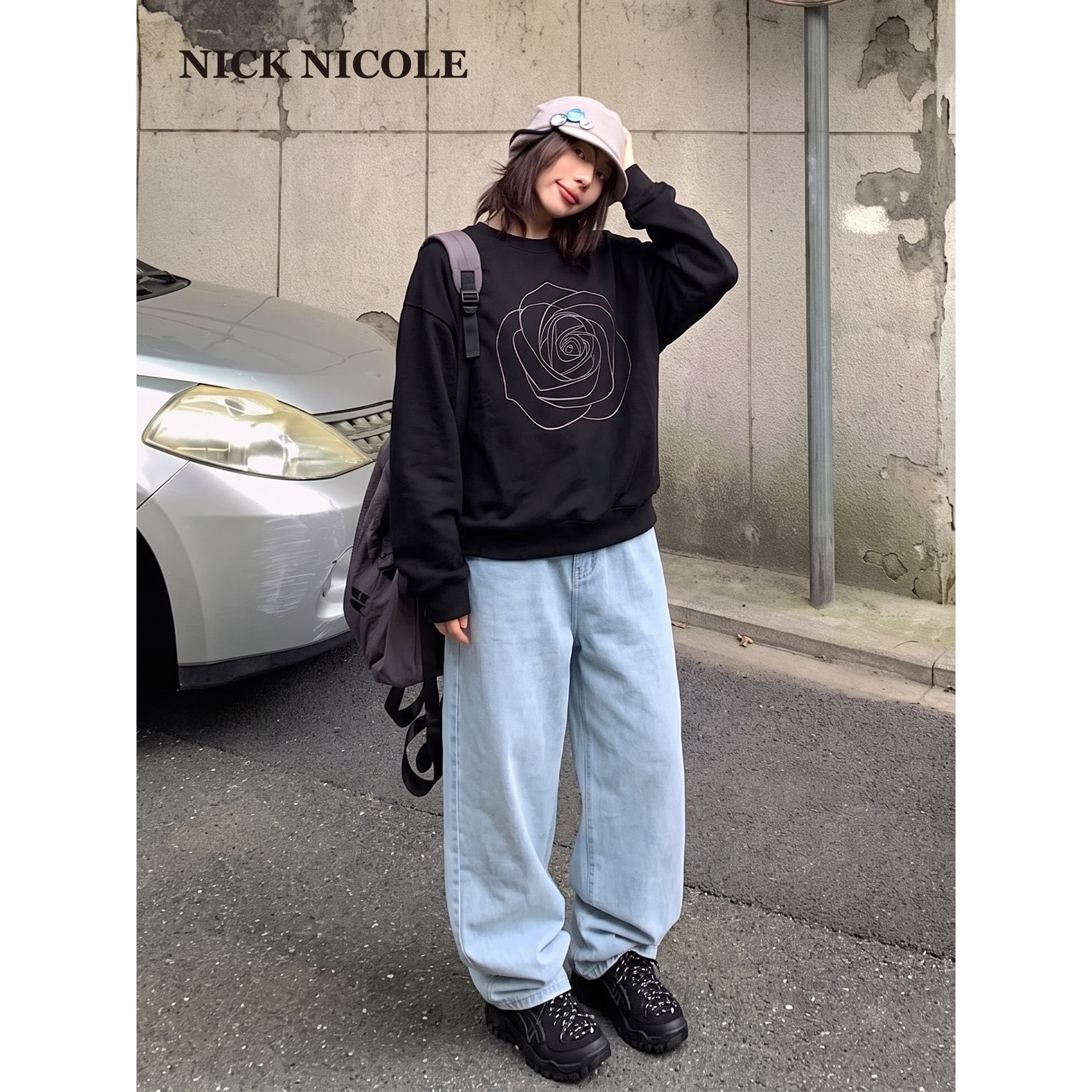 NICK&NICOLE2026新款舒适经典阔腿直筒裤牛仔长裤女印花松弛韩风