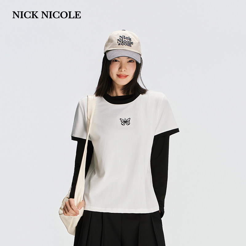 NICK&NICOLE2026夏季新款韩版时尚短袖刺绣小蝴蝶百搭修身舒适