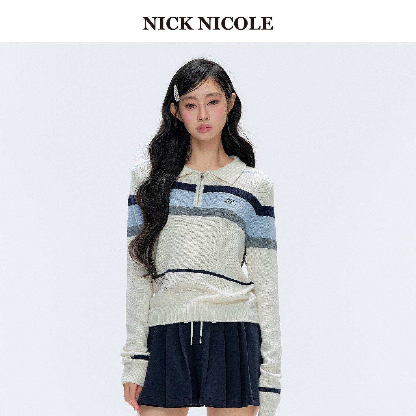 NICK&NICOLE小蝴蝶秋条纹针织衫学院风polo领毛衣女薄款松弛韩风