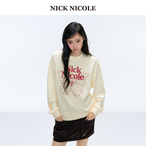 NICK&NICOLE小蝴蝶2026秋季卫衣女长袖字母松弛韩风宽松圆领新款