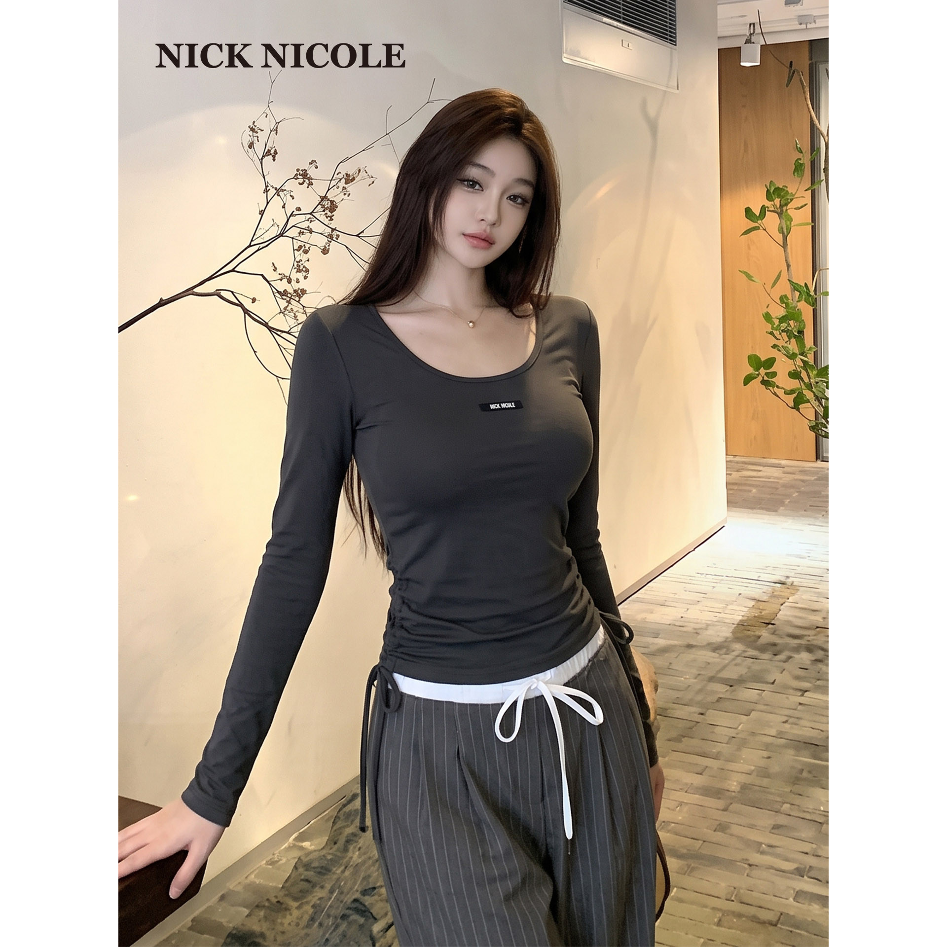 NICK&NICOLE2026秋季新款韩版时尚T恤两边抽绳长袖打底衫修身潮流