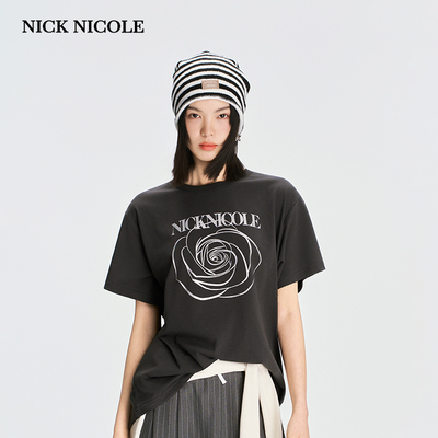 NICK&NICOLE2026新款夏季时尚韩版T恤大玫瑰一排字母百搭修身
