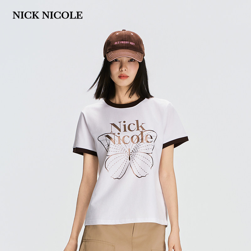 NICK&NICOLE2026年新款时尚韩版百搭T恤二排字母蝴蝶印花舒适修身