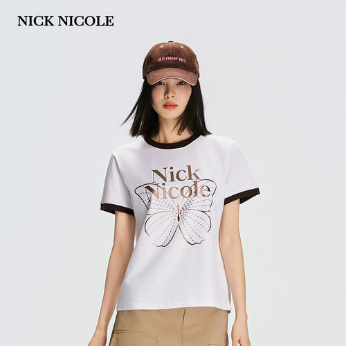 NICK&NICOLE2026年新款时尚韩版白搭T恤二排字母蝴蝶印花舒适修身