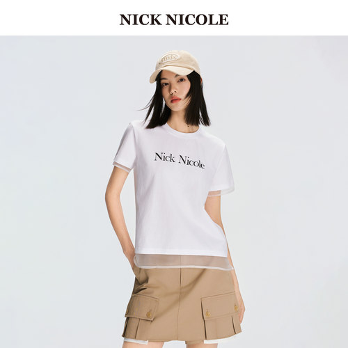 NICK&NICOLE小蝴蝶2026新款女士短袖T恤字母领口显瘦修身松弛韩风