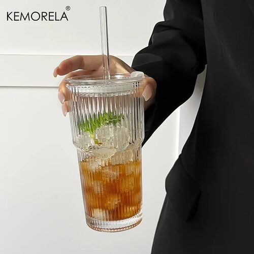 600ML Stripe Glass Coffee Cup With Lid and Without Cover Str