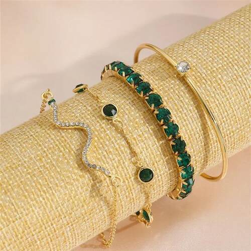 4Pcs/Set Fashion Snake Green Gemstone Bangle Rhinestone Full