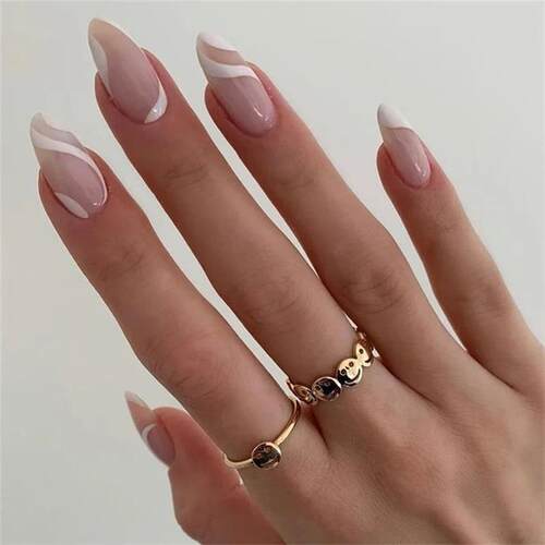 24Pcs/Set White Long Almond Fake Nails Art Black Heart Oval