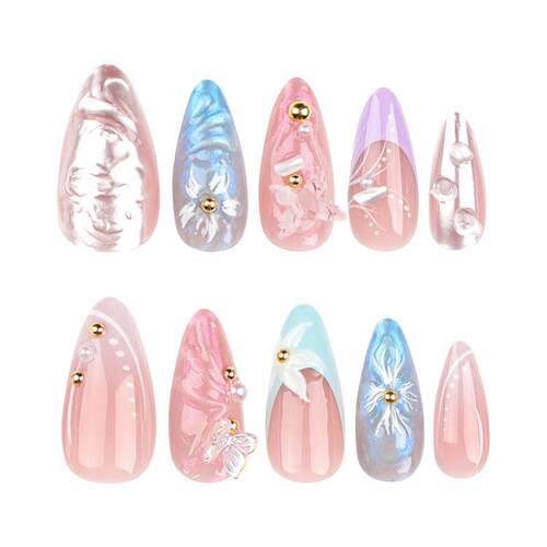 24pcs Almond Press on Nails Flower False Nails Wearable Stic