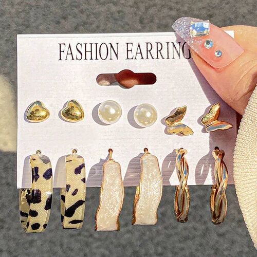 Modyle Vintage Pearl Butterfly Leopard Acrylic Earring Set F