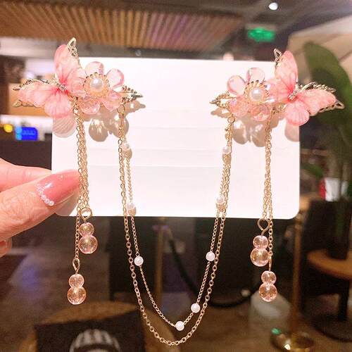 1pair Retro Flower Butterfly Tassel Side Hair Clip Hanfu Sty