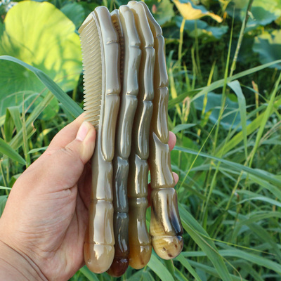 天然白牛角按摩保健梳子密齿护养长发手工雕花防静电梳长约21厘米