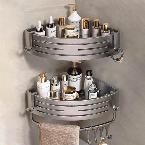 1-2PCS Bathroom Corner Shelf with Hook Towel Bar No Drill Sp