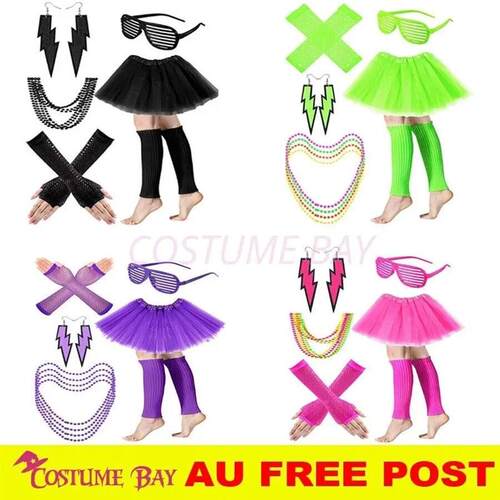 Womens Neon 80s Tutu Skirt Fancy Dress 6pcs Accessories Set