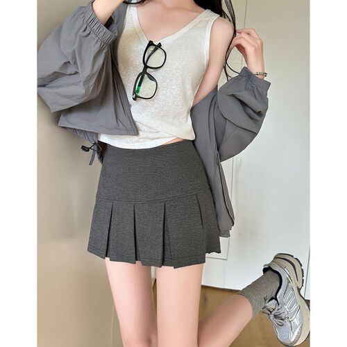 Grey Pleated Skirt Womens 2025 High Waist Slimming Short Sk