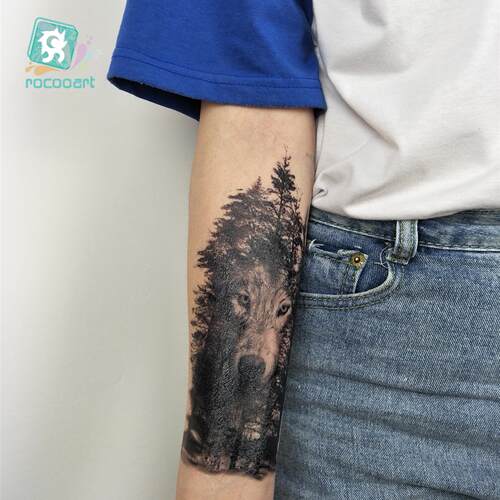 Rocooart Large Tattoo Sticker Wolf In Trees Fake Tattoo