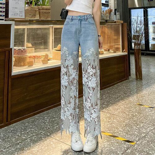 Design-sense Lace Splicing Niche Jeans For Women 2025 Straig