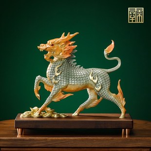 黄铜招财麒麟摆件一母办公室装饰工艺品公司搬迁开业乔迁礼品