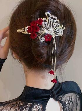 Female Red Flowers Tassels Pearls Hair Styling Tools Hair Cl