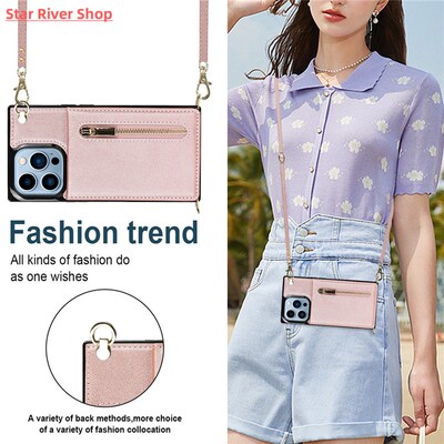 Card Holder Leather Zipper Crossbody Lanyard Square Phone Ca