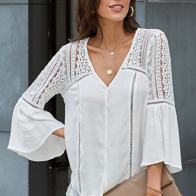 Black/White/Gray The Du Jour Crochet Blouse Women Shirts Lac
