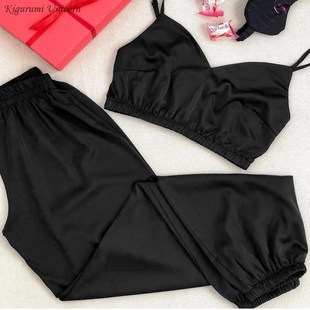 Satin Bra Sexy Pajamas Set Women Solid Strap Top Pants Sleep