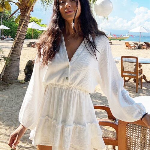 Lantern Sleeve White Mini Dress Women Outfit 2023 New Summer