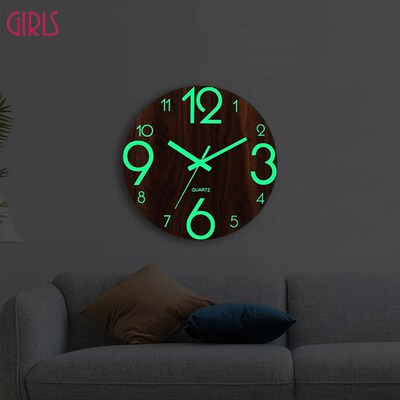 Wooden Wall Clock Luminous Number Hanging Clocks Quiet Dark