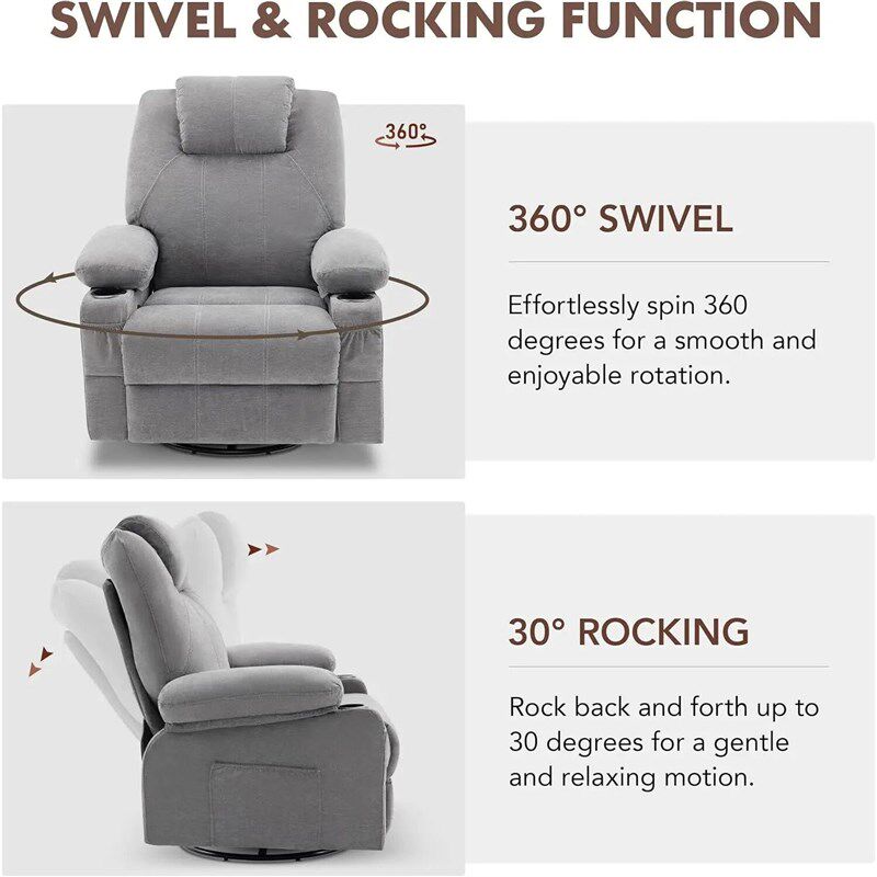Swivel Rocker Recliner Chair with Heat and Massage, 360 Degr