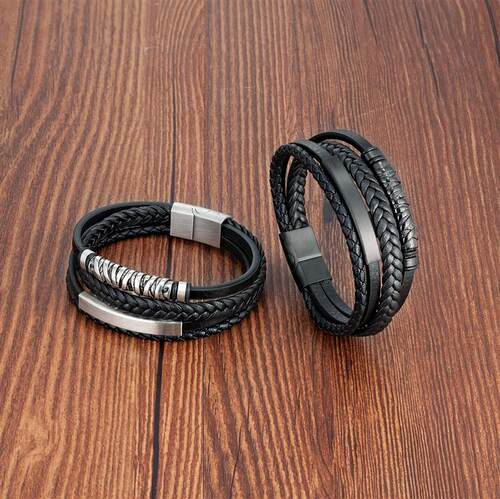 Viking Leather Bracelets for Men Multilayer Stainless Steel