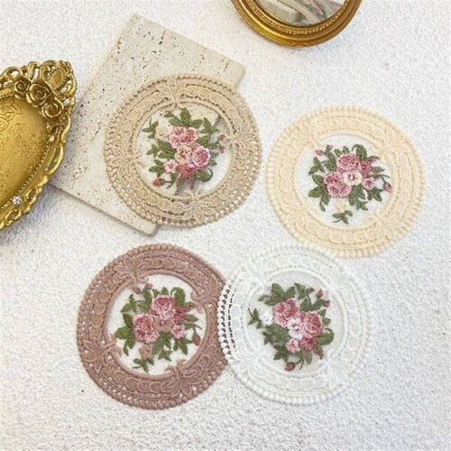 French Vintage Embroidery Flower Coaster Beautiful Art