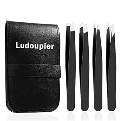 LUDOUPIER [4+1 Pieces] Tweezers Set with Travel Case, Gre